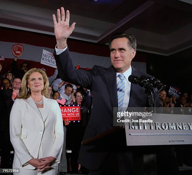 Republican presidential candidate and former Massachusetts governor Mitt Romney speaks as his wife Ann Romney listen during their Super Tuesday night...