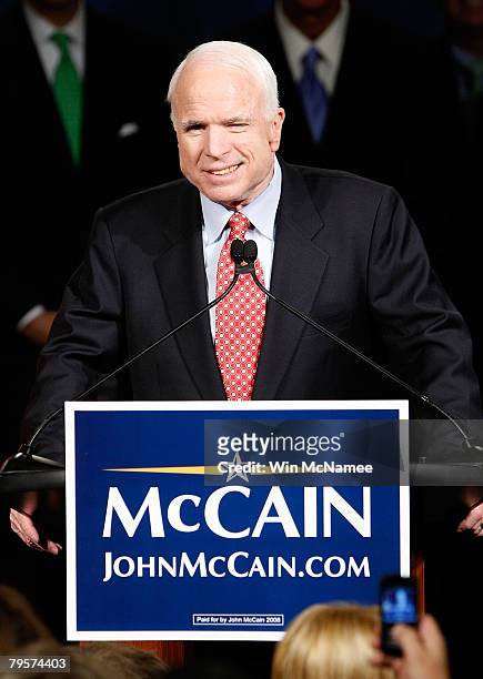 Republican presidential candidate Sen. John McCain speaks to supporters at a Super Tuesday election party at the Arizona Biltmore Hotel February 5,...
