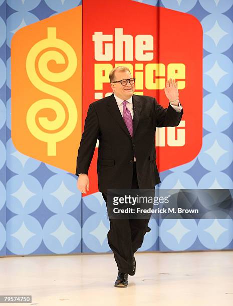 Host Drew Carey speaks during his 100th Episode of "The Price Is Right" celebration at CBS Television City February 5, 2008 in Los Angeles,...