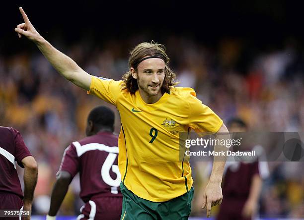 Joshua Kennedy of Australia celebrates scoring during the 2010 FIFA World Cup qualifying match between the Australian Socceroos and Qatar at the...