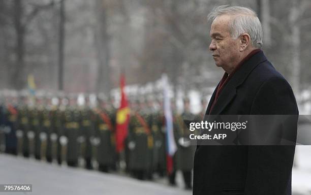 President of Uzbekistan Islam Karimov lays a wreath at the Tomb of the Unknown Soldier in Moscow on February 6, 2008. The strongman leader of the oil...