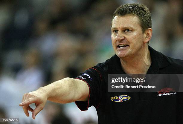 Dragons Coach Guy Malloy gives instructions to his players during the round 21 NBL match between the South Dragons and Cairns Taipans at Vodafone...