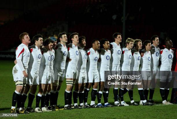 The England team line up for the national anthem during the Under 20 International match between England and Wales at Kingsholm on February 1, 2008...