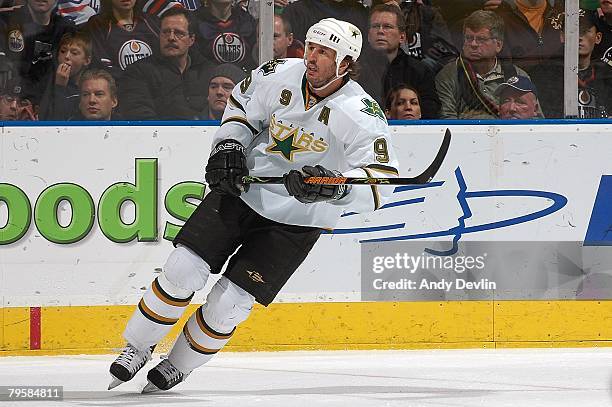 Mike Modano of the Dallas Stars watches the play during a game against the Edmonton Oilers at Rexall Place on February 1, 2008 in Edmonton, Alberta,...