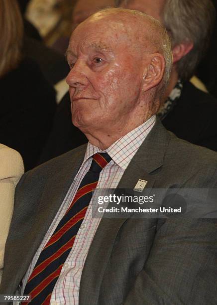 In this handout image supplied by Manchester United, Former trainer Jack Crompton of Manchester United attends the memorial service to mark the 50th...