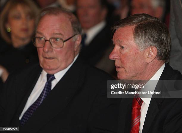 In this handout image supplied by Manchester United, Sir Alex Ferguson and Albert Scanlon of Manchester United attend the memorial service to mark...