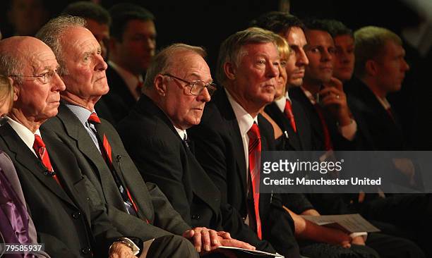 In this handout image supplied by Manchester United, Sir Bobby Charlton, Harry Gregg and Albert Scanlon of Manchester United attend the memorial...