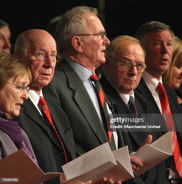 In this handout image supplied by Manchester United, Sir Bobby Charlton, Harry Gregg and Albert Scanlon of Manchester United attend the memorial...