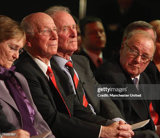 In this handout image supplied by Manchester United, Sir Bobby Charlton, Harry Gregg and Albert Scanlon of Manchester United attend the memorial...