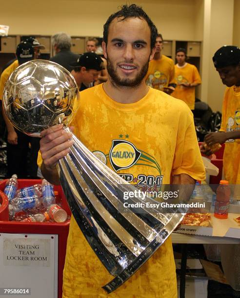 Landon Donovan of the Los Angeles Galaxy Celebrates with MLS Championship Cup after todays championship match at Pizza Hut Stadim in Frisco, Texas,...