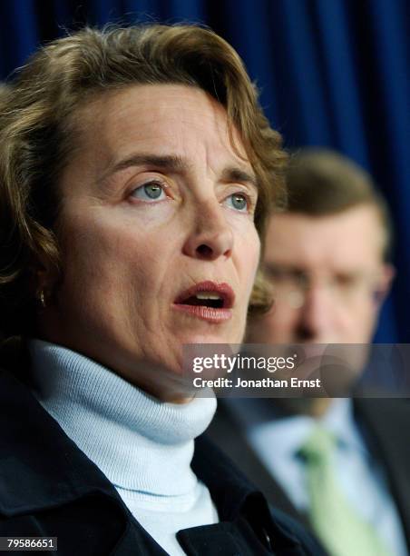 Sen. Blanche Lincoln and Sen. Kent Conrad attend a news conference about the Democrats' Rural Report Card at the U.S. Capitol, February 6, 2008 in...