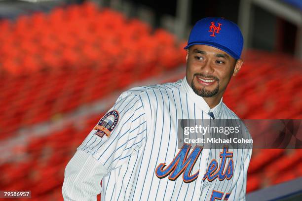 Johan Santana sits in Shea Stadium after his introduction by the New York Mets on Ferbruary 6, 2008 in the Flushing neighborhood of Queens, New York...