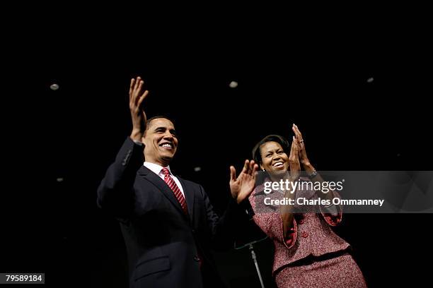 Presidential candidate Sen. Barack Obama and his wife Michelle Obama take the stage for his victory rally at the Columbia Metropolitan Convention...