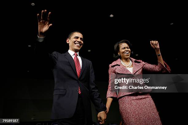 Presidential candidate Sen. Barack Obama and his wife Michelle Obama take the stage for his victory rally at the Columbia Metropolitan Convention...