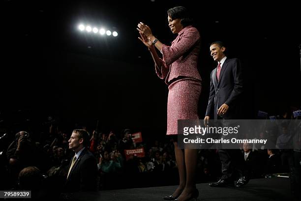 Presidential candidate Sen. Barack Obama and his wife Michelle Obama take the stage for his victory rally at the Columbia Metropolitan Convention...