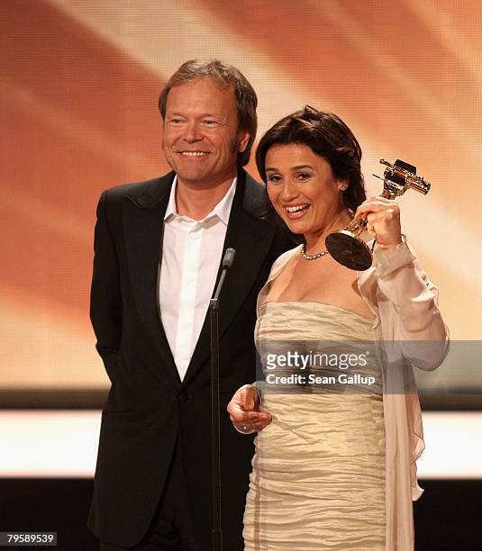 Sandra Maischberger and husband Jan Kerhart receive the Goldene Kamera Award 2008 at the Ullsteinhalle on February 06, 2008 in Berlin, Germany.