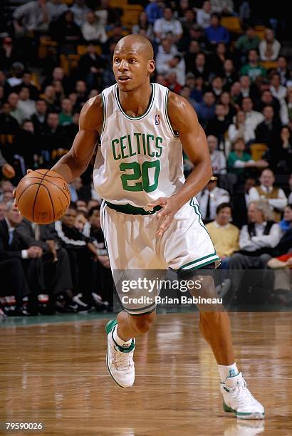 Ray Allen of the Boston Celtics drives to the basket during the game against the Portland Trail Blazers on January 16, 2008 at the TD Banknorth...