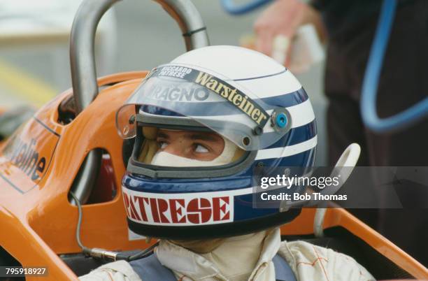 Italian racing driver Riccardo Patrese pictured in the driver's seat of the Warsteiner Arrows Racing Team Arrows A3 Ford Cosworth 3.0 V8 prior to...