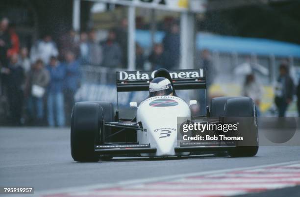 English racing driver Jonathan Palmer drives the Data General Team Tyrrell Tyrrell DG016 Ford Cosworth DFZ 3.5 V8 in the 1987 Belgian Grand Prix at...