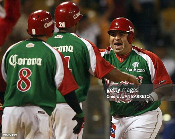 Roberto Salcedo of Mexican Yaquis celebrates after a home run during a game against the Tigres del Licey of the Dominican Republic during a Caribbean...