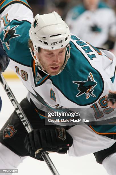 Joe Thornton of the San Jose Sharks gets set on a face off against the Edmonton Oilers during their NHL game on January 29, 2008 in Edmonton,...