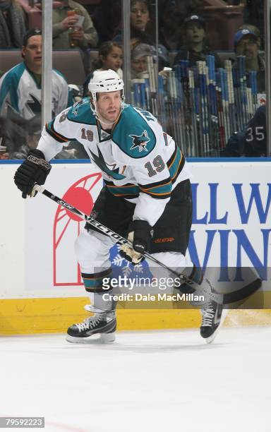 Joe Thornton of the San Jose Sharks skates against the Edmonton Oilers during their NHL game on January 29, 2008 in Edmonton, Alberta, Canada.