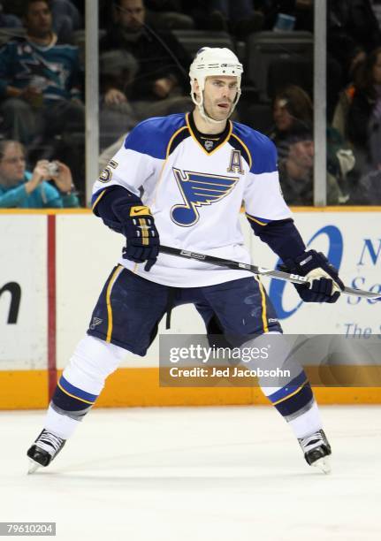 Barrett Jackman of the St Louis Blues skates against of the San Jose Sharks during an NHL game on January 24, 2008 at the HP Pavillion in San Jose,...