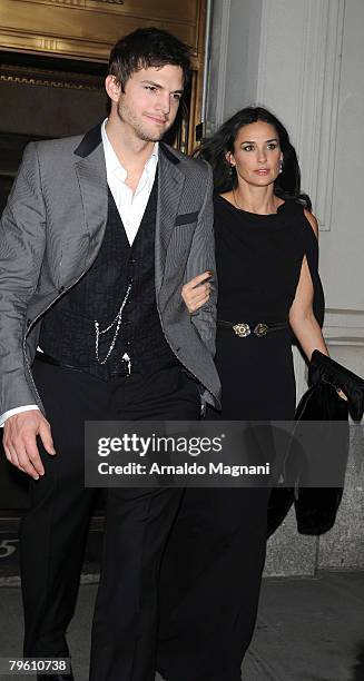 Actors Demi Moore and Ashton Kutcher leave for a party February 6, 2008 in New York City.