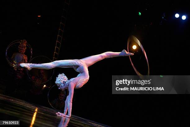 An artist of 'Cirque du Soleil' performs during a dress rehearsal of 'Alegria' show in Sao Paulo, Brazil, 06 February 2008. The international cast of...