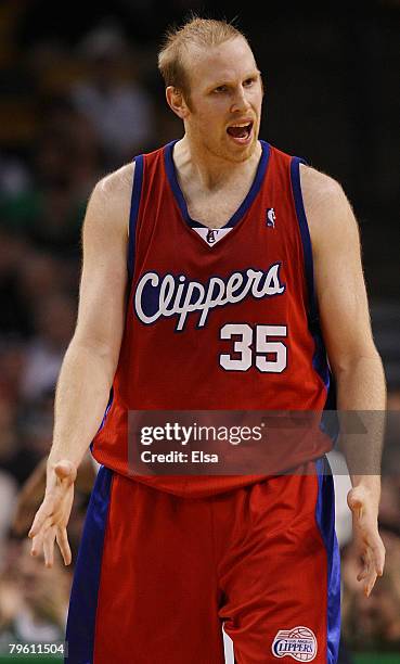 Chris Kaman of the Los Angeles Clippers reacts after being called for a foul in the second half against the Boston Celtics on February 6, 2008 at the...