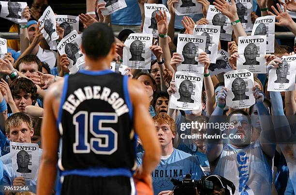 North Carolina fans heckle Gerald Henderson of the Duke Blue Devils during the first half at the Dean E. Smith Center on February 6, 2008 in Chapel...