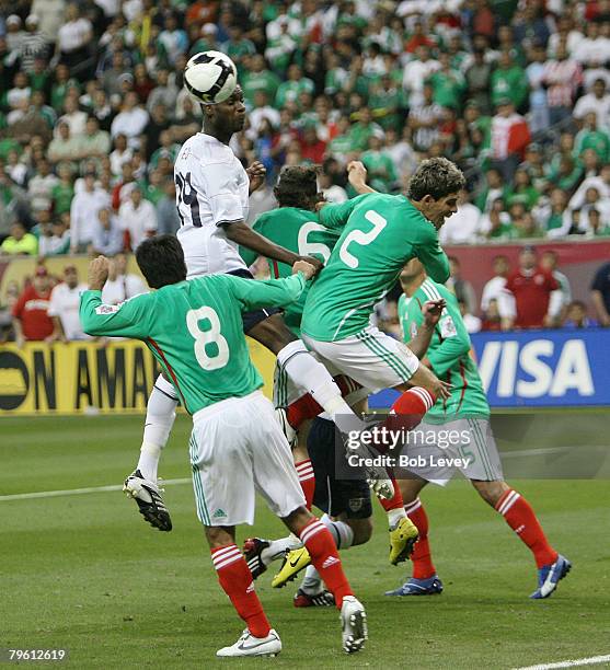 Midfielder Maurice Edu of the U.S.A. MNT heads the ball wide of the goal February 6, 2008 at Reliant Stadium in Houston, Texas. U.S.A. And Mexico...