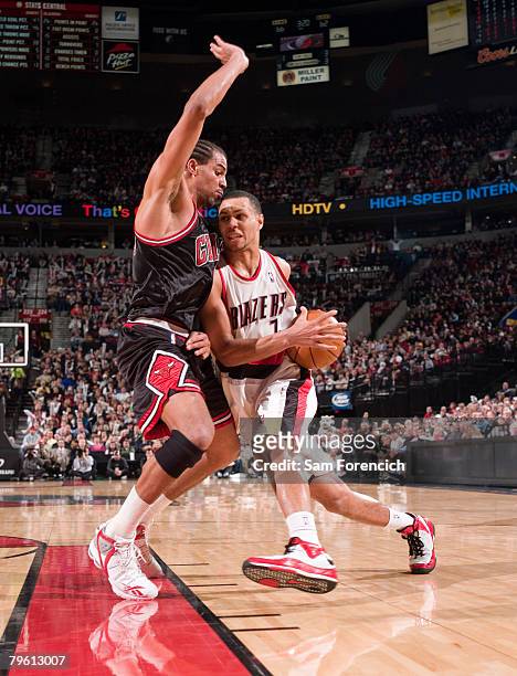 Brandon Roy of the Portland Trail Blazers drives against Thabo Sefolosha of the Chicago Bulls during a game on February 6, 2008 at the Rose Garden...