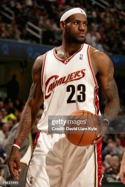 LeBron James of the Cleveland Cavaliers looks across the court during the game against the Charlotte Bobcats on January 11, 2008 at Quicken Loans...