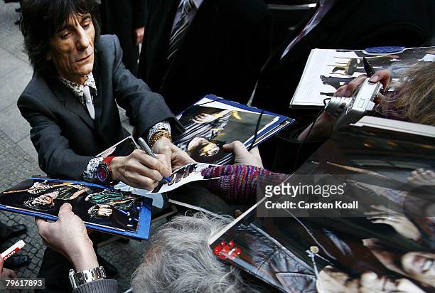 Musican Ronnie Wood leaves the hotel after the 'Shine A Light' Photocall as part of the 58th Berlinale Film Festival at the Grand Hyatt Hotel on...