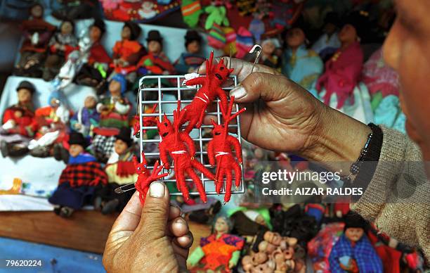 An aymara native sells tiny devils during the traditional Alasitas fair in La Paz on February 1, 2008. According to the Aymara tradition, in this...