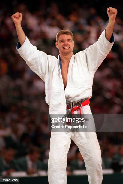 Olympic Games, Atlanta, USA, Men's Judo, 86 Kg, Holland's M, Huizinga celebrates after winning the bronze medal