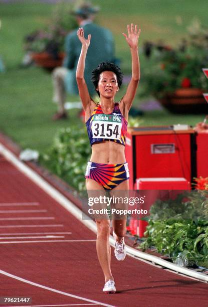 Olympic Games, Atlanta, USA, Athletics, Women's 5000 Metres Final, China's Junxia Wang celebrates as she crosses the line to win the gold medal