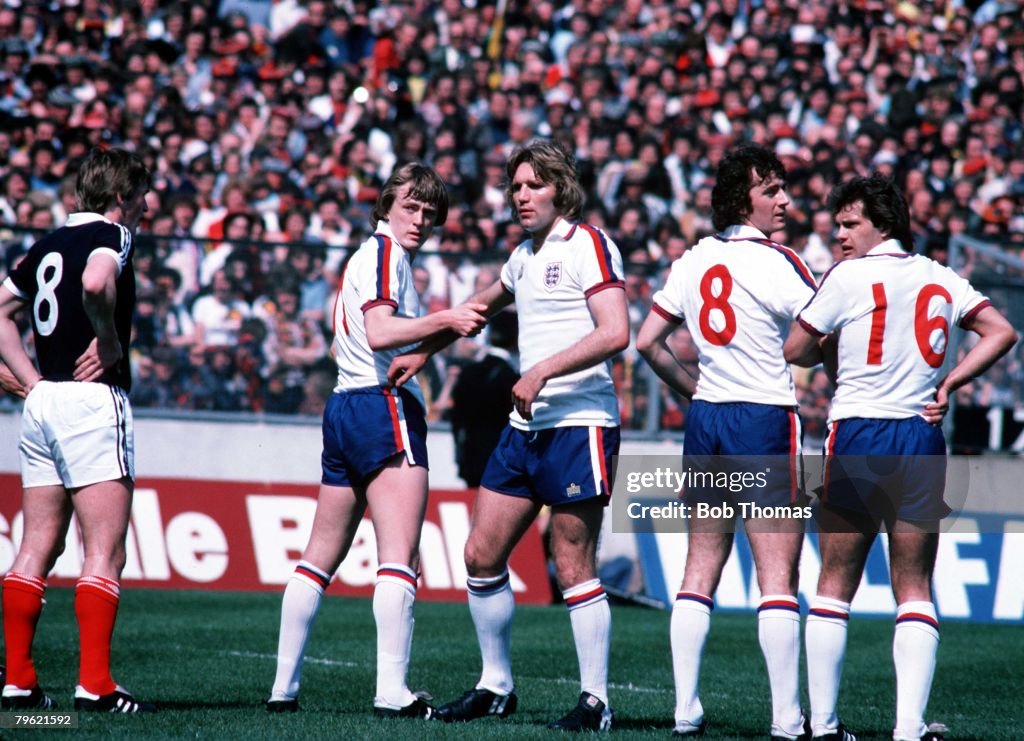 Football. Home Championships. 20th, May. 1978. Hampden Park, Scotland. Scotland 0 v England 1. England's wall of Peter Barnes, Tony Currie, Trevor Francis and Ray Wilkins.