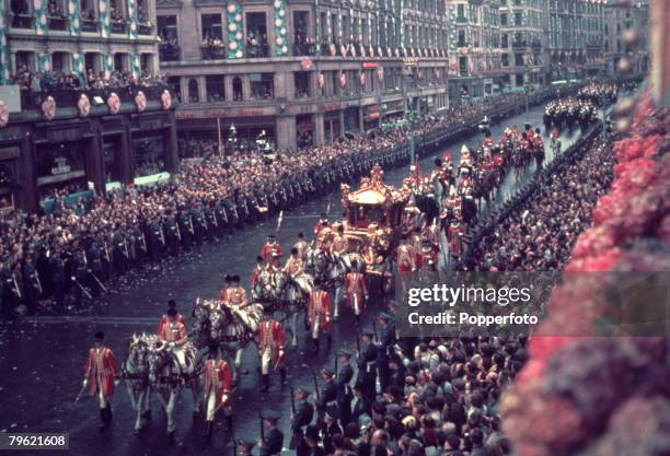 2nd June 1953, Coronation Day, the Coronation of Queen Elizabeth II, The Queen's coach in Regent Street, London.