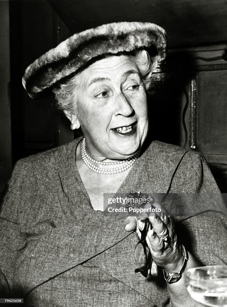 Literature. Personalities. pic: 1957. English crime writer Agatha Christie at a party to celebrate the 1998th stage performance of "The Mousetrap".Agatha Christie,(1890-1976), the world's best known mystery writer, famous for her Hercule Poirot and Miss M