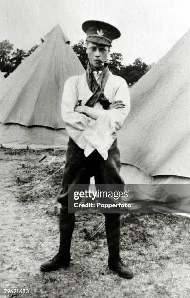 Circa 1914, HRH,Edward, Prince of Wales pictured at an army camp with a casual air and smoking a pipe, The Prince of Wales was to become King Edward...