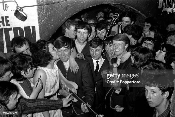 People, Pop Music, pic: 1964, The famous Cavern Club in Liverpool, England, showing a pop group and their fans, the scene for the "Sound of '64 Beat...