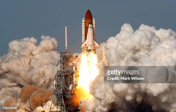 Space Shuttle Atlantis takes off from launch pad 39A at the Kennedy Space Center February 7, 2008 at Cape Canaveral, Florida. Atlantis is embarking...