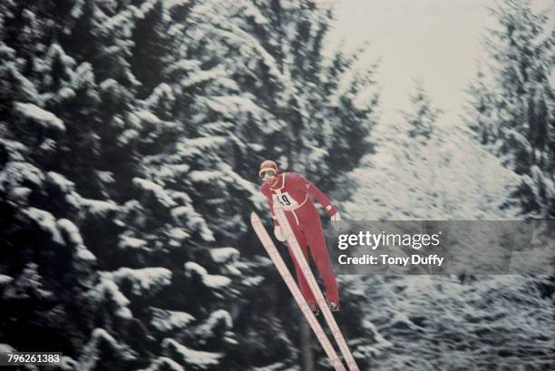 Karl Schnabl of Austria launches off the ramp during the Men's 90 metre large hill individual ski jumping event at the XII Olympic Winter Games on 15...