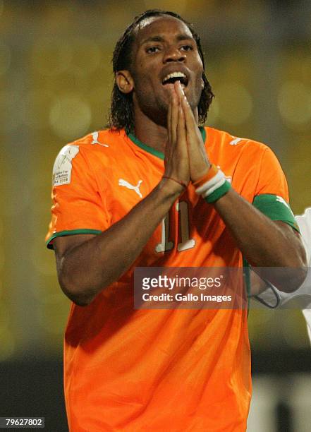 Didier Drogba of Ivory Coast reacts during the AFCON semi-final match between Ivory Coast and Egypt held at the Baba Yara Stadium February 7, 2008 in...