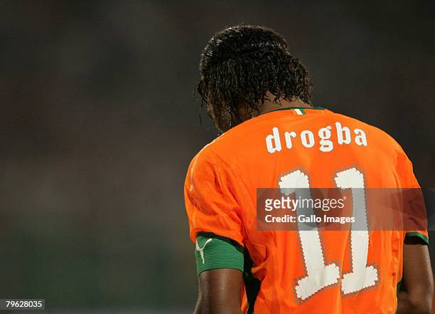 Didier Drogba of Ivory Coast reacts during the AFCON semi-final match between Ivory Coast and Egypt held at the Baba Yara Stadium February 7, 2008 in...