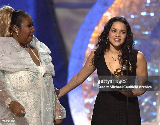 Aretha Franklin presents Norah Jones with GRAMMY for Record of the Year.