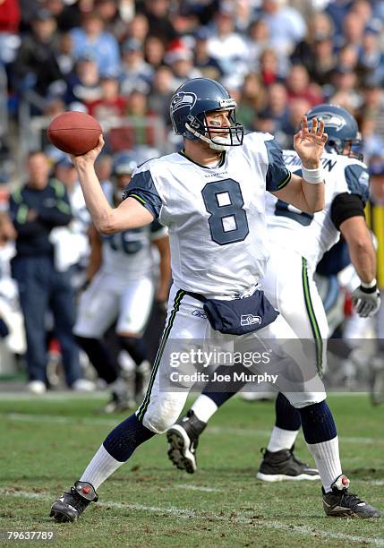 Seattle quarterback Matt Hasselbeck throws downfield during first half action between the Seattle Seahawks and Tennessee Titans at The Coliseum in...