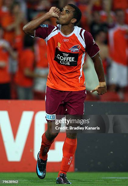 Reinaldo of the Roar celebrates scoring during the A-League minor semi final second leg match between the Queensland Roar and Sydney FC at Suncop...